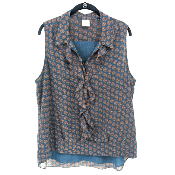 CAbi Tops - Cabi Blouse Womens XL Blue Ruffle Sleeveless Sheer Floral Geometric Pattern Top